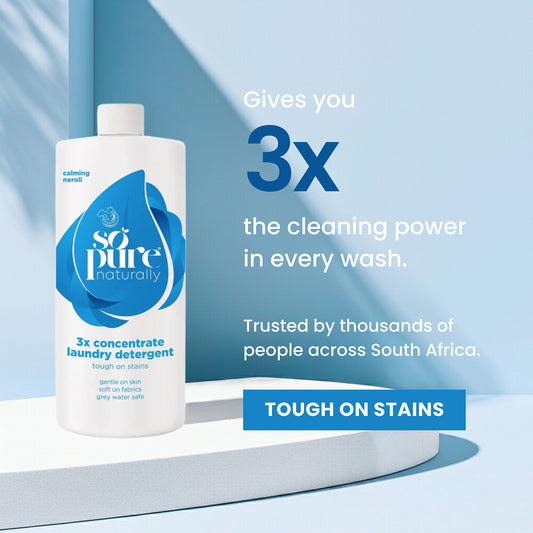 3x concentrate laundry detergent bottle with text on a blue background