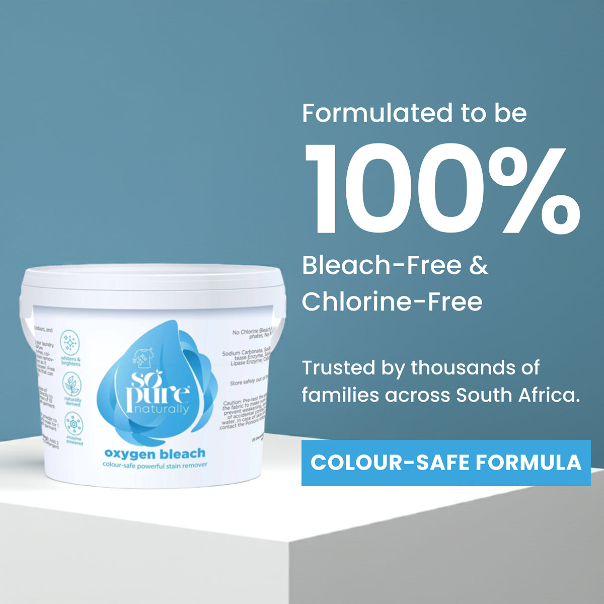 Oxygen bleach container with branding and product features on a blue background