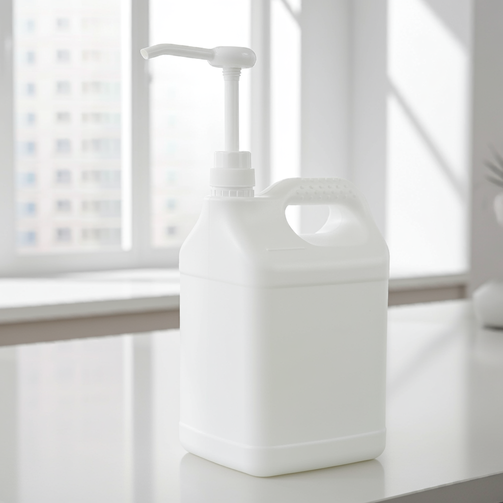 White bottle with pump on a light surface with a blurred window background