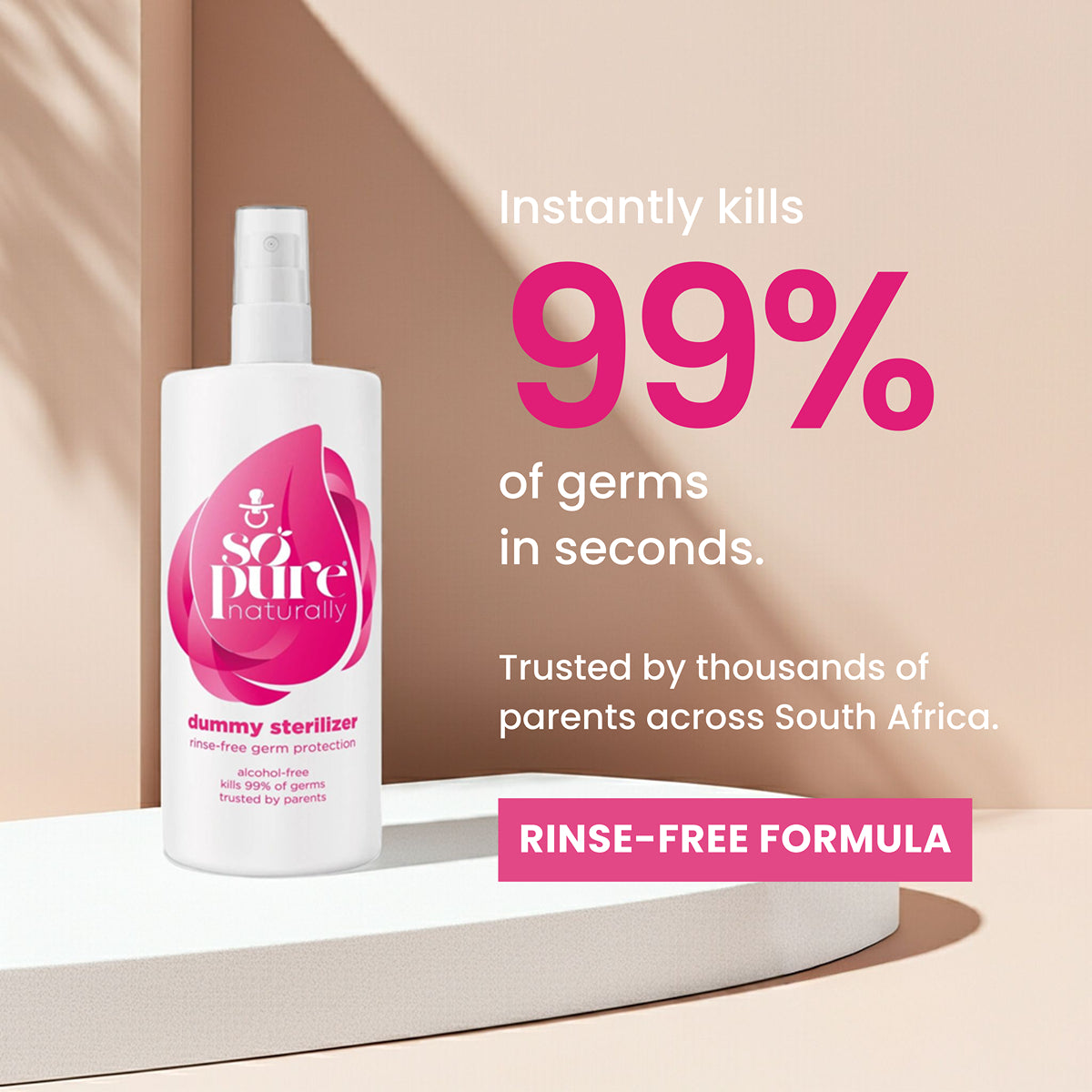 Bottle of 'so pure naturally' dummy sterilizer with text highlighting germ-killing properties and trust among parents.