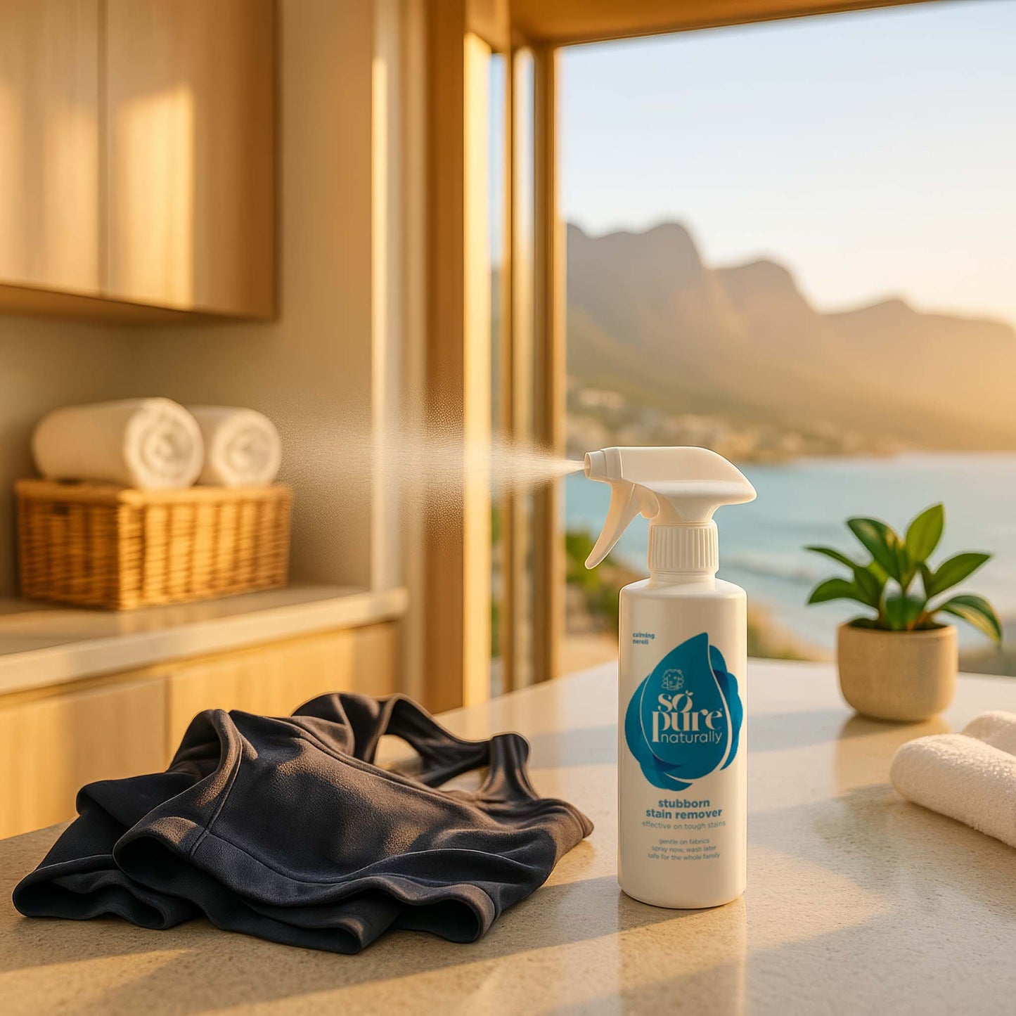 Cleaning product being used on a stains on sports clothing with a scenic view in the background