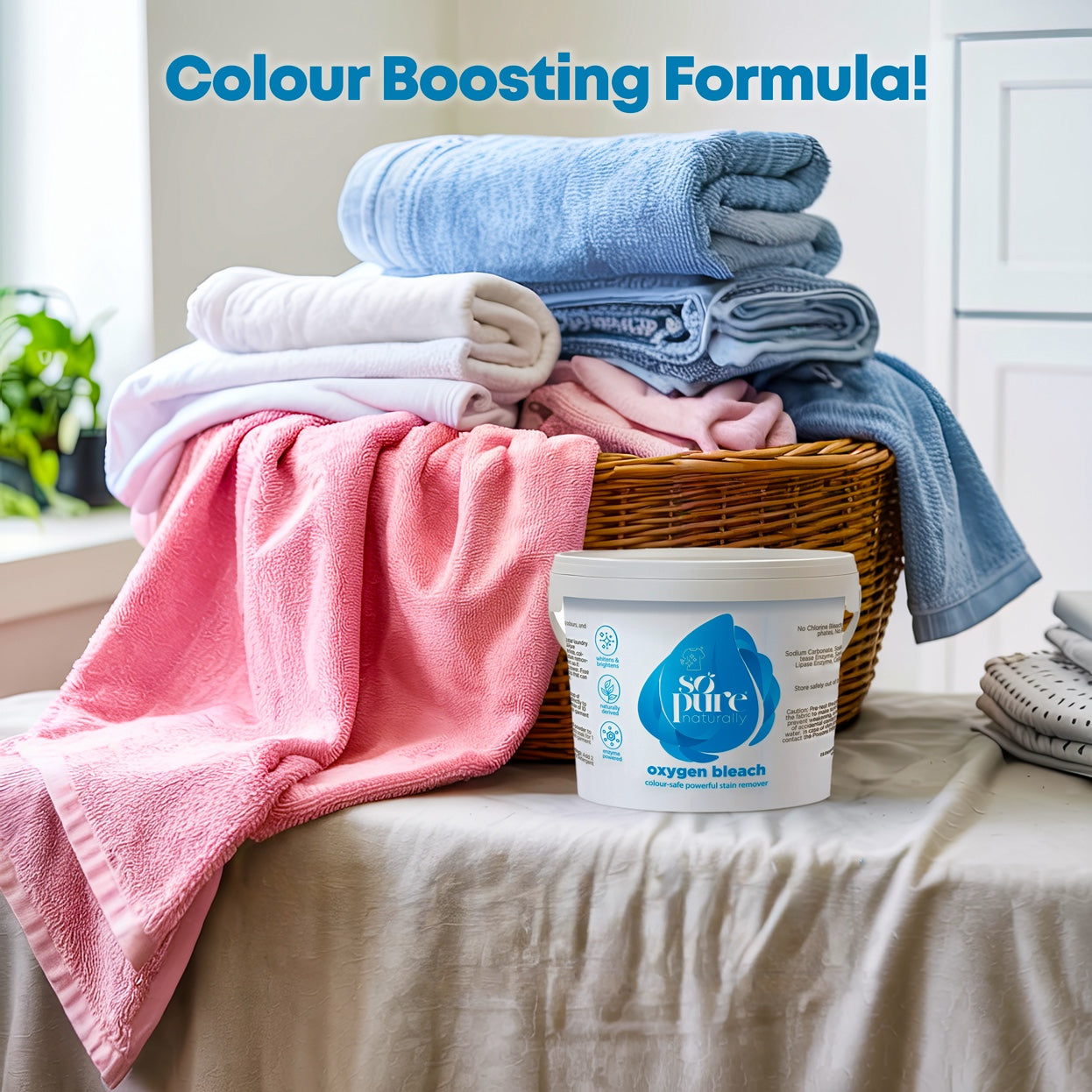 Stack of folded laundry with a container labeled 'Sopure oxygen bleach' on a surface.
SoPure Oxygen Bleach SoPure Naturally - Eco Friendly Anti Allergen Natural Cleaning Products