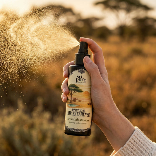 Hand holding a bottle of 'So Pure' essential oil air freshener with a natural background