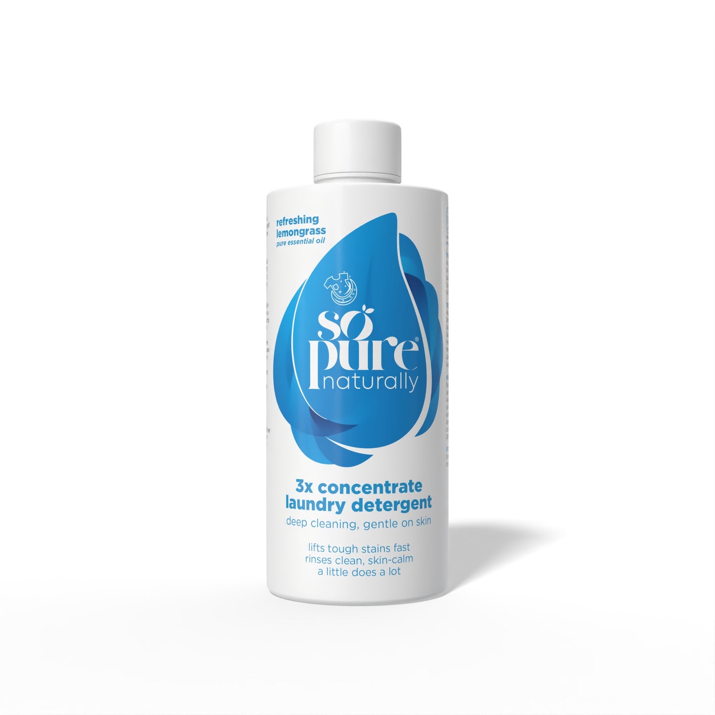 A bottle of So Pure Naturally laundry detergent in Lemongrass, featuring a white bottle with a blue water droplet logo and white cap, set against a plain white background.