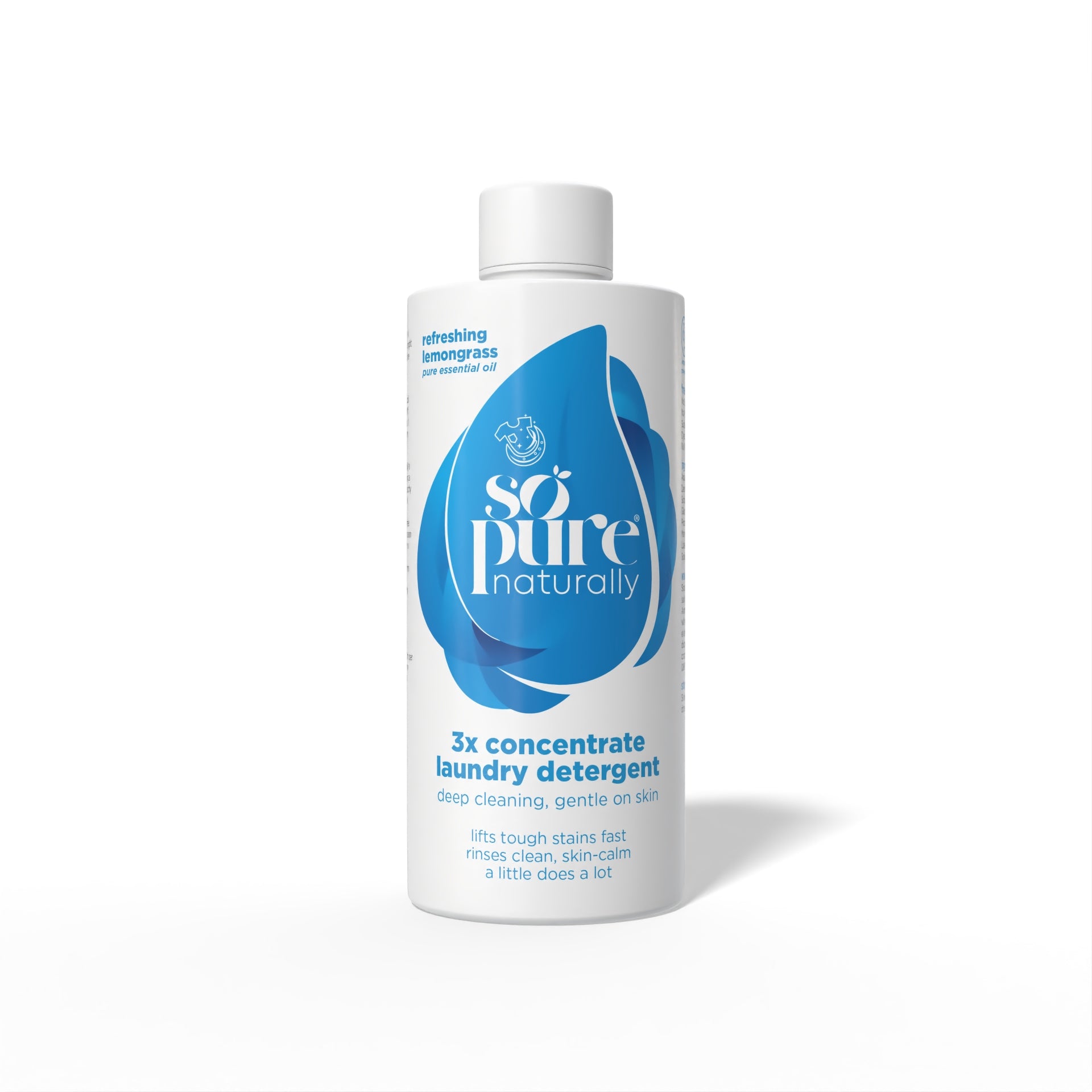 A bottle of So Pure Naturally laundry detergent in Lemongrass, featuring a white bottle with a blue water droplet logo and white cap, set against a plain white background.