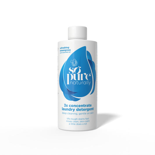 A bottle of So Pure Naturally laundry detergent in Lemongrass, featuring a white bottle with a blue water droplet logo and white cap, set against a plain white background.