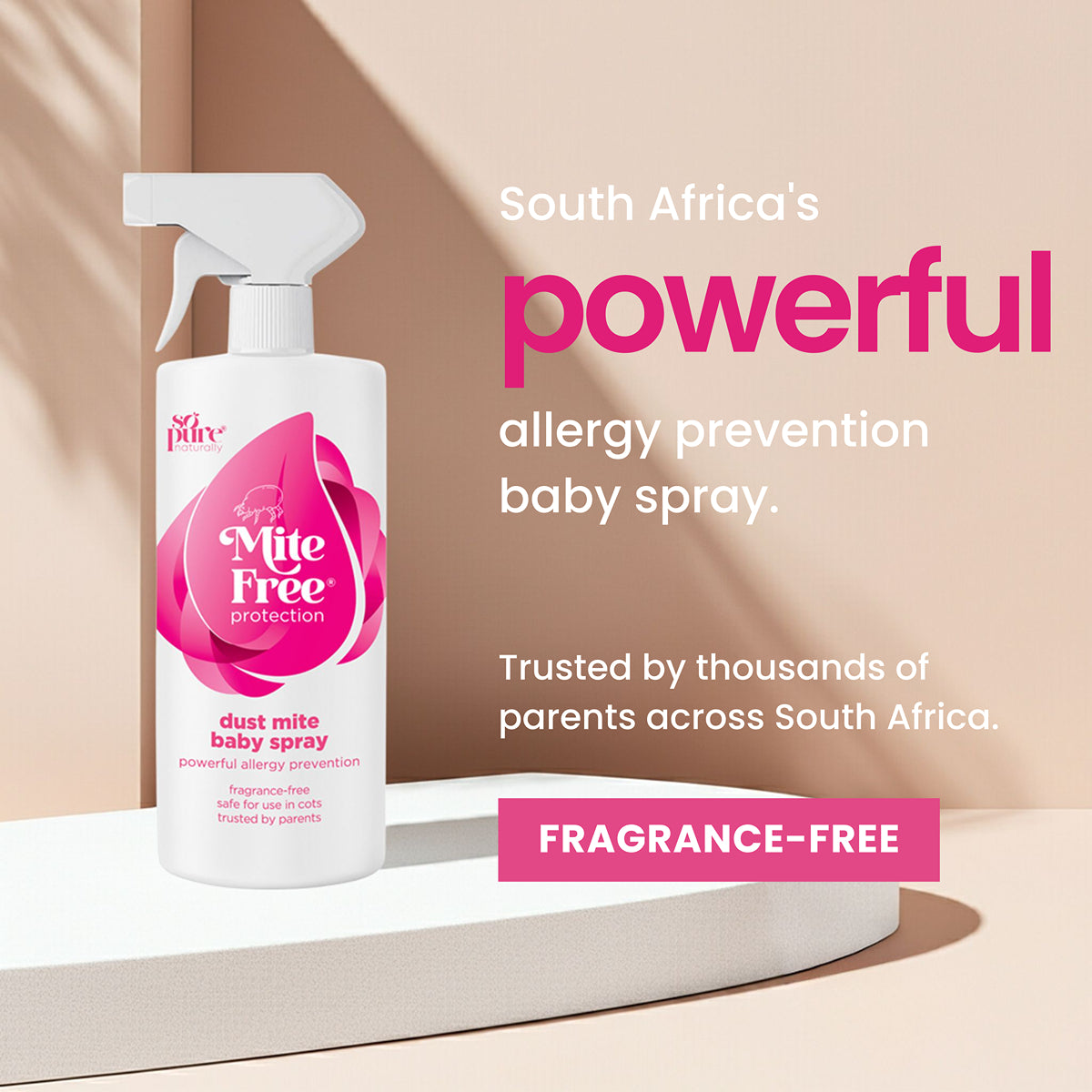 Mite Free baby spray bottle with text on a beige background