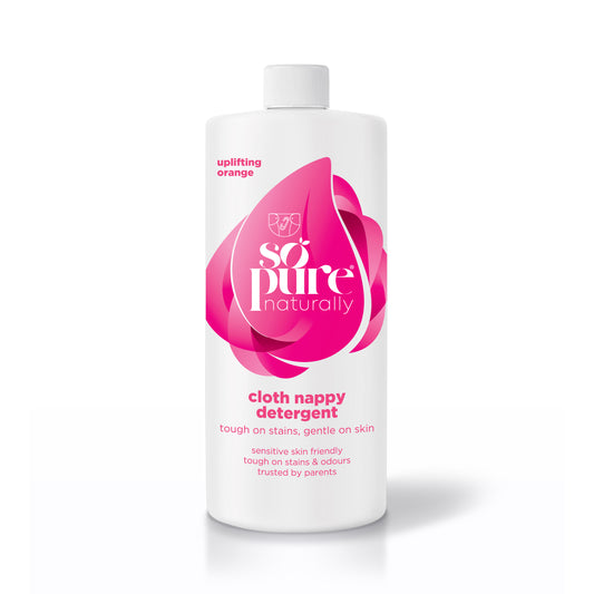 Bottle of sopure naturally cloth nappy detergent on a white background
