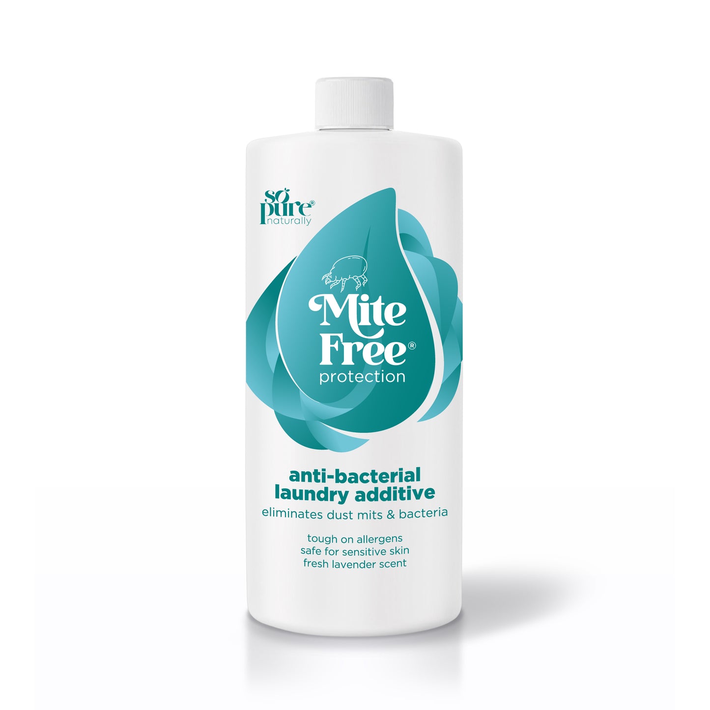 Mite Free anti-bacterial laundry additive bottle on a white background