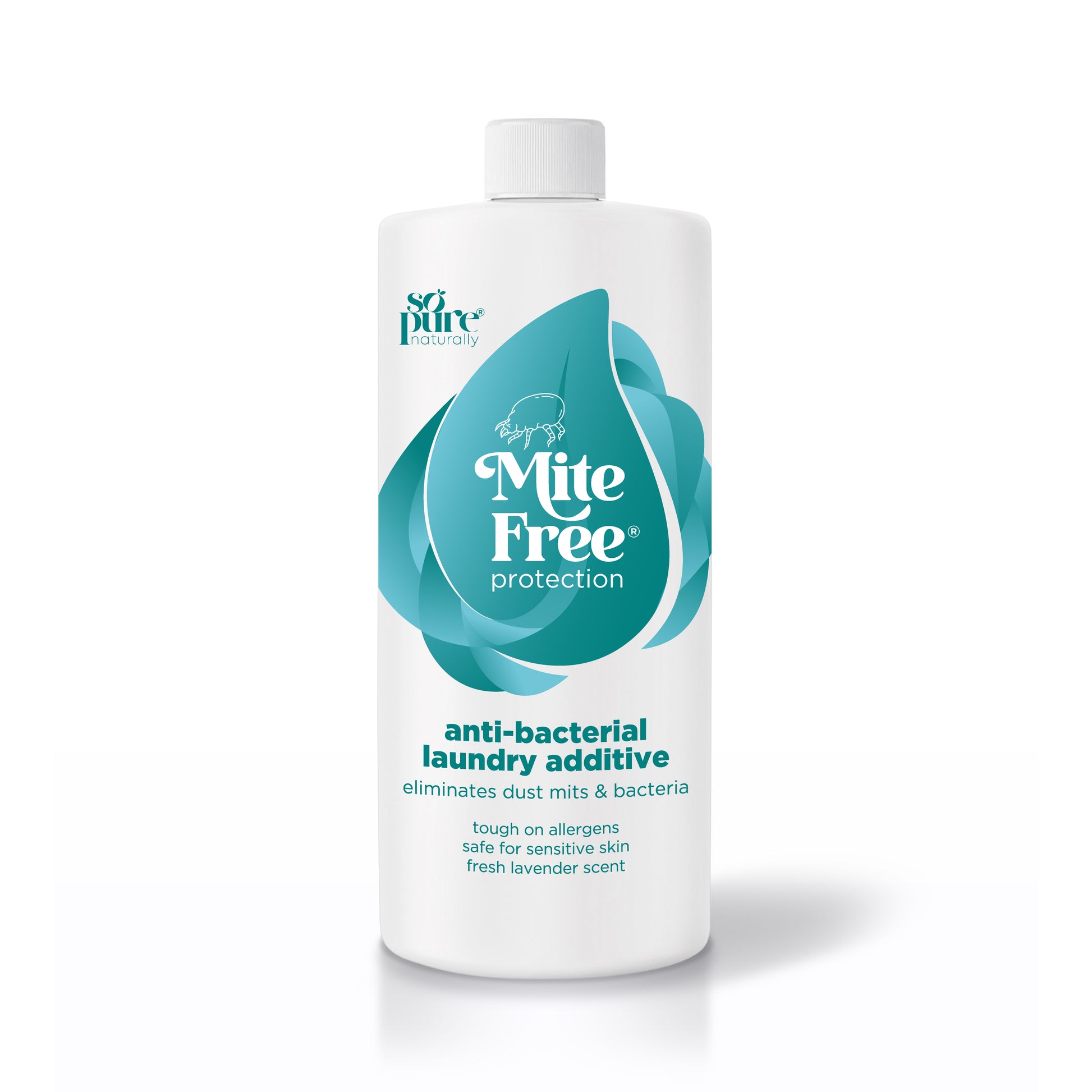 Mite Free anti-bacterial laundry additive bottle on a white background