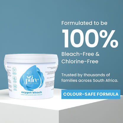 Oxygen bleach container with branding and product features on a blue background