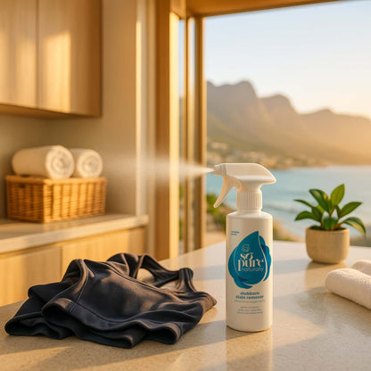 Cleaning product being used on a stains on sports clothing with a scenic view in the background