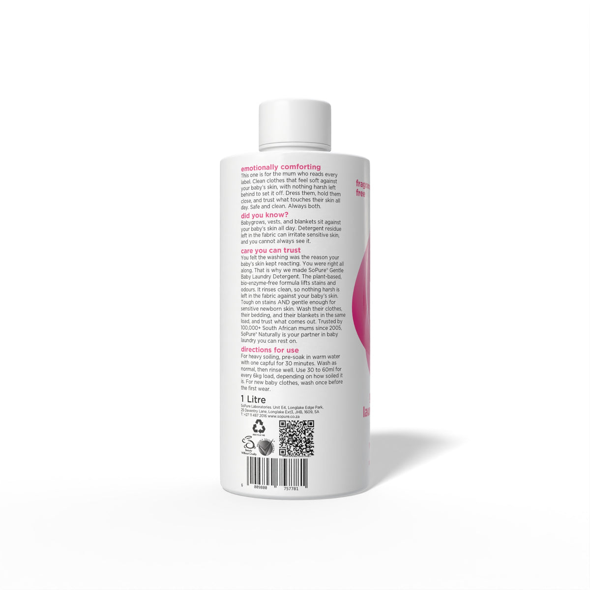 Back view of SoPure Gentle Baby Laundry Detergent 1 L, showing ingredients and barcode.