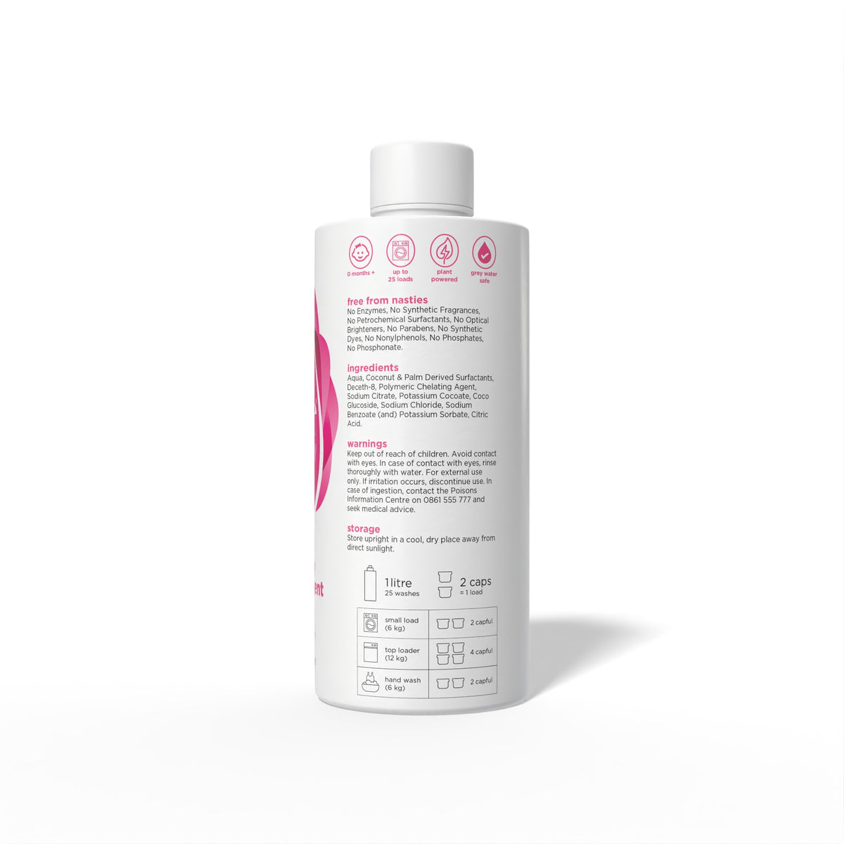 Back view of SoPure Gentle Baby Laundry Detergent 1 L, showing directions.