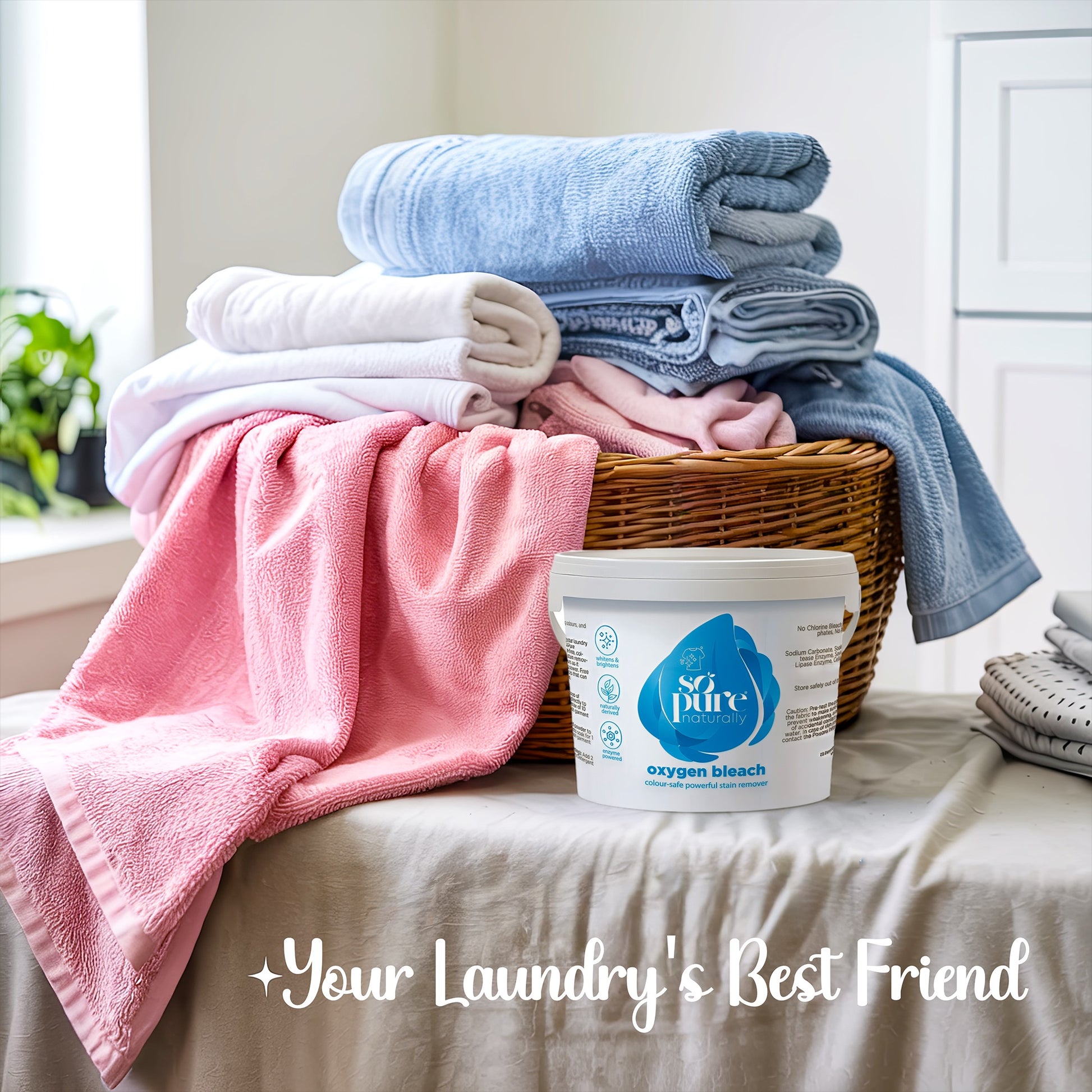 Stack of folded laundry with a container labeled 'pure oxygen bleach' on a surface.
SoPure Oxygen Bleach SoPure Naturally - Eco Friendly Anti Allergen Natural Cleaning Products