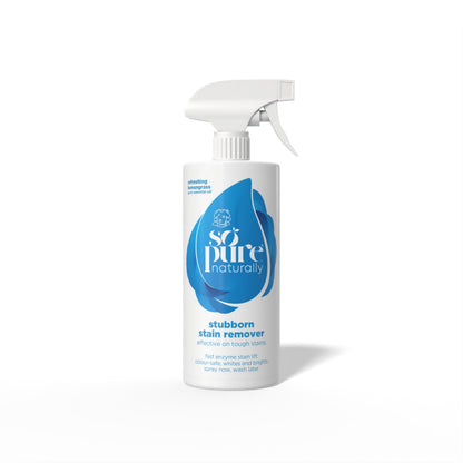 A bottle of So Pure Naturally Stubborn Stain Remover spray on a clean white background. The bottle is white with a blue and white label, featuring the brand logo and product name.